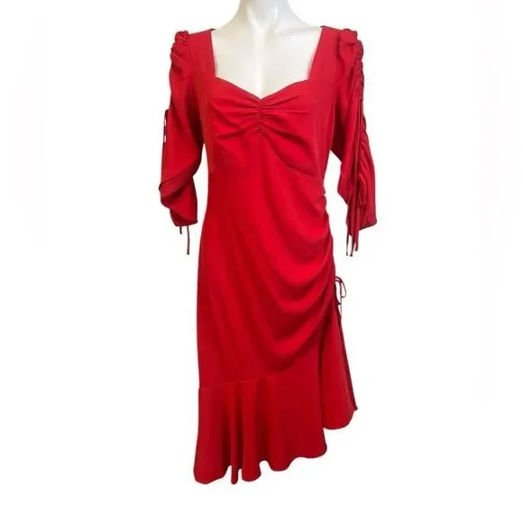 RODARTE X UNIVERSAL STANDARD dress Sz XS Red Ruched Tie Sleeve Ruffle midi - Picture 2 of 6
